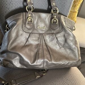 Coach Dark Brown Leather Pleated Shoulder Bag with Gold Hardware
